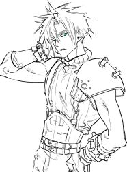  1boy 61862_gae aqua_eyes arm_behind_head armor bandaged_arm bandages belt cloud_strife commentary_request final_fantasy final_fantasy_vii final_fantasy_vii_remake gloves hair_between_eyes hand_in_own_hair hand_on_own_hip highres korean_commentary male_focus monochrome multiple_belts parted_lips pauldrons ribbed_shirt shirt short_hair shoulder_armor single_bare_shoulder single_pauldron sleeveless sleeveless_turtleneck solo spiky_hair spot_color suspenders toned toned_male turtleneck upper_body white_background 