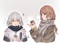  2girls absurdres bang_dream! bang_dream!_it's_mygo!!!!! blue_eyes blush brown_coat brown_hair can canned_coffee coat commentary_request cropped_torso drink_can enpera grey_scarf heterochromia highres holding holding_can hood hood_down jacket kanade_(kanade_3344) kaname_raana long_hair multiple_girls nagasaki_soyo open_mouth scarf short_hair squiggle tongue tongue_out translation_request twitter_username unmoving_pattern upper_body white_hair white_jacket yellow_eyes 