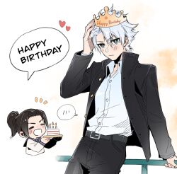  1boy 1girl =_= against_railing alternate_costume aqua_eyes black_hair bleach bleach:_sennen_kessen-hen cake closed_eyes commentary english_commentary food gakuran happy_birthday highres hitsugaya_toushirou holding holding_cake holding_food jacket kurosaki_karin open_clothes open_jacket ponytail railing school_uniform serafuku silegesi tiara white_hair 
