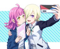  2girls blonde_hair blue_eyes blue_jacket commentary_request hair_over_one_eye highres holding holding_phone jacket love_live! love_live!_nijigasaki_high_school_idol_club mia_taylor multiple_girls notebook open_mouth phone pink_hair sawa_(triangle_konkon) shirt short_hair skirt teeth tennoji_rina upper_body upper_teeth_only v white_shirt white_skirt yellow_eyes 