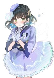  1girl :d beret black_hair black_sash blue_hat blue_kimono blue_skirt blunt_bangs blush commentary_request cowboy_shot earrings flower_hands gloves green_eyes half_updo hat highres japanese_clothes jewelry kimono link!_like!_love_live! looking_at_viewer love_live! medium_hair medium_skirt momose_ginko obi open_mouth sash sidelocks skirt smile solo takiaseee three-quarter_sleeves tilted_headwear tsukuyomi_kurage unfinished virtual_youtuber white_gloves 