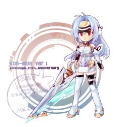  1girl android anniversary blue_hair character_name closed_mouth commentary_request dated floating_hair forehead_protector full_body holding holding_sword holding_weapon kos-mos long_hair red_eyes red_pupils signature solo standing sword toritorimesi watermark weapon white_background xenosaga xenosaga_episode_i 