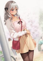  1girl arm_at_side bag black_bow blurry blurry_background blush bow brown_pantyhose brown_skirt cardigan closed_mouth collarbone commentary_request day depth_of_field frilled_shirt frills grey_eyes grey_hair hair_bow hand_on_own_stomach handbag highres large_variant_set long_sleeves looking_down minato_ojitan open_cardigan open_clothes original outdoors pantyhose pink_cardigan pink_shirt raised_inner_eyebrows shirt shirt_bow skirt sleeveless sleeveless_shirt solo tan tanlines variant_set wavy_hair 