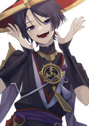  1boy absurdres armor black_bodysuit black_kimono black_sleeves blunt_ends bodysuit bright_pupils choppy_bangs eyelashes furisode genshin_impact gold grey_hair hands_up hat highres iwoarazumi129 japanese_armor japanese_clothes jewelry jingasa juban kimono kote kurokote layered_sleeves looking_at_viewer male_focus mandarin_collar mitsudomoe_(shape) neck_ring o-ring open_clothes open_hands open_kimono open_mouth purple_rope purple_sash purple_sleeves red_hat red_kimono red_sash rope sash scaramouche_(genshin_impact) shimenawa short_sleeves single_sode solo tassel teeth tilted_headwear tomoe_(symbol) tongue upper_body violet_eyes white_background white_kimono white_pupils white_rope 