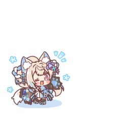  1girl ;d absurdres animal_ear_fluff animal_ears animal_hands black_gloves black_shoes blue_hair blue_kimono blush_stickers brown_hair chibi colored_shadow commentary_request dog_ears dog_girl dog_tail fuwawa_abyssgard fuwawa_abyssgard_(new_year) gloves highres hololive hololive_english japanese_clothes kimono mitarashi_neko multicolored_hair notice_lines one_eye_closed paw_gloves paw_shoes pink_eyes ponytail shadow shoes simple_background smile solo streaked_hair tail virtual_youtuber white_background 