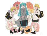  1boy 2girls :d aqua_hair bag black_bag black_footwear black_shorts blonde_hair blue_eyes boots closed_mouth copyright_name dot_mouth double_bun dress fashion floral_background flower grey_dress hair_bun hand_on_own_hip hassan_(sink916) hatsune_miku highres holding holding_bag jewelry kagamine_len kagamine_rin long_hair looking_at_viewer multiple_girls open_mouth outline pendant red_flower short_hair shorts smile standing teeth twintails upper_teeth_only vocaloid white_background white_dress white_outline yellow_flower 