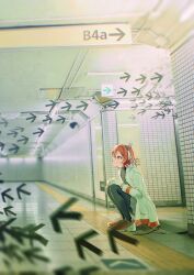  1girl absurdres adachi_rei arrow_(symbol) black_pantyhose commentary_request gloves highres jacket location_request long_sleeves medium_hair open_clothes open_jacket orange_hair orange_shoes pantyhose popomine_(popo3ne) shoes sneakers solo squatting subway_station tactile_paving utau white_gloves white_jacket 