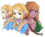  1boy 1girl blonde_hair blue_eyes blue_shirt braid closed_mouth collarbone commentary_request crown_braid dede_(qwea_00000) eyelashes green_eyes hair_ornament hairclip korean_commentary link long_hair looking_to_the_side multiple_views parted_lips pointy_ears princess_zelda shirt simple_background smile the_legend_of_zelda the_legend_of_zelda:_breath_of_the_wild upper_body white_background 