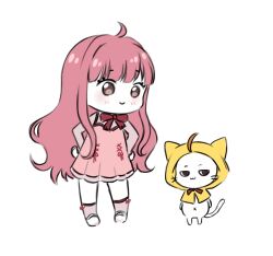  1girl :3 ahoge animal ankle_socks black_eyes bloom_poetry_(shining_nikki) blunt_bangs bow bow_legwear bowtie brown_eyes cat chibi cloak closed_mouth clothed_animal cross-laced_clothes cross-laced_dress dress dress_ribbon ear_covers eyelashes flat_color grey_shirt grey_socks hands_on_own_hips happy highres hood hood_up hooded_cloak light_blush long_hair long_sidelocks long_sleeves mary_janes momo_(nikki) navel nikki_(nikki) nikki_(series) nonoberry22 pinafore_dress pink_dress pink_hair pleated_dress red_bow red_bowtie red_ribbon ribbon shining_nikki shirt shoes short_dress sidelocks simple_background sleeveless sleeveless_dress sleeves_past_wrists smile socks tareme traditional_bowtie very_long_hair wavy_hair whiskers white_background white_cat white_shoes yellow_cloak 