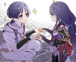  1boy 1girl aged_down armor black_shrug black_thighhighs blunt_ends braid bridal_gauntlets bright_pupils child choppy_bangs electro_symbol_(genshin_impact) eyeliner feathers furisode gem genshin_impact gold_ring hair_tie hands_on_another's_hands hands_up hashtag-only_commentary highres japanese_armor japanese_clothes kariginu kimono kote kurokote layered_sleeves light_blush long_hair long_single_sidelock looking_at_another low-braided_long_hair low-tied_long_hair makeup middle_ring mitsudomoe_(shape) mother_and_son obi obiage obijime open_mouth pants pom_pom_(clothes) purple_bridal_gauntlets purple_gem purple_hair purple_kimono purple_rope purple_sash purple_sleeves raiden_shogun red_eyeliner red_rope red_sash rope sash scaramouche_(genshin_impact) scaramouche_(kabukimono)_(genshin_impact) short_kimono shrug_(clothing) single_sode squatting string supervespa99 thigh-highs tomoe_(symbol) tsurime very_long_hair violet_eyes white_pants white_pupils white_sleeves wide-eyed yellow_feathers 