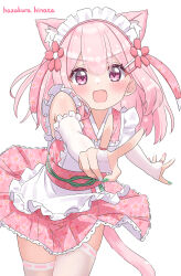  1girl :d animal_ear_fluff animal_ears apron artist_name blush cat_ears cat_girl cat_tail commentary_request dot_nose double-parted_bangs elbow_gloves fang fingerless_gloves floral_print floral_print_kimono flower frilled_apron frills gloves green_nails hair_flower hair_ornament hazakura_hinata highres hinata_(hazakura_hinata) japanese_clothes kimono leaning_forward looking_at_viewer maid maid_apron maid_headdress multicolored_nails nail_polish open_mouth original outstretched_arm pink_eyes pink_hair pink_kimono pink_nails print_kimono revision ribbon-trimmed_thighhighs ribbon_trim sash sidelocks signature simple_background smile solo tail tail_under_clothes thigh-highs v wa_maid walking walking_towards_viewer white_apron white_background white_gloves white_nails white_thighhighs zettai_ryouiki 