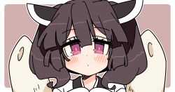  1girl blunt_bangs blush border brown_background brown_hair closed_mouth dot_nose hair_between_eyes headgear ini_(inunabe00) japanese_clothes kimono looking_at_viewer outline outside_border portrait red_eyes short_hair simple_background solo touhoku_kiritan voiceroid white_border white_kimono white_outline 