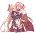  1boy 1girl absurdres astolfo_(fate) black_bow blonde_hair blush bow braid carrying dress fate_(series) hair_ribbon hetero highres koyashaka liss_meier_(koyashaka) long_hair multicolored_hair original otoko_no_ko pink_hair princess_carry ribbon violet_eyes white_background white_hair yellow_eyes 