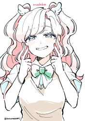  1girl aikatsu! aikatsu!_(series) alternate_hairstyle amahane_madoka blue_eyes bow bowtie character_name collared_shirt commentary_request fingers_to_cheeks green_bow green_bowtie grin hands_up highres index_fingers_raised kumo_suzume long_hair looking_at_viewer partially_colored pink_hair school_uniform shirt short_sleeves simple_background smile solo sweater_vest twintails twitter_username upper_body vest wavy_hair white_background 