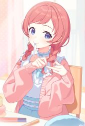  1girl blue_choker blue_eyes blue_skirt blush braid cardigan chair choker closed_mouth commentary frilled_choker frills gakuen_idolmaster hair_intakes hanami_saki highres idolmaster long_hair long_sleeves misuzu0342 open_cardigan open_clothes pink_cardigan red_hair shirt sitting skirt smile solo twin_braids tying_hair untranslatable_commentary upper_body white_shirt 