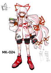  1girl absurdres alternate_costume black_gloves black_shorts bow chinese_commentary clothes_writing commentary_request english_commentary fingerless_gloves fujiwara_no_mokou full_body gloves grey_hair hair_bow highres holding jacket long_hair long_sleeves looking_at_viewer marathon mixed-language_commentary multiple_hair_bows red_eyes red_shoes shoes shorts solo stunionjy touhou translation_request very_long_hair white_bow white_jacket 