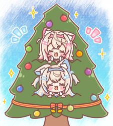 2girls ^_^ animal_ear_fluff animal_ears blue_hair blue_hairband brown_hair chibi christmas_ornaments christmas_tree closed_eyes commentary_request dog_ears fake_horns fuwawa_abyssgard fuwawa_abyssgard_(1st_costume) hairband headphones headphones_around_neck highres hololive hololive_english horns in_tree long_hair mitarashi_neko mococo_abyssgard mococo_abyssgard_(1st_costume) multicolored_hair multiple_girls notice_lines pink_hair pink_hairband siblings sisters sparkle streaked_hair tree twins two_side_up virtual_youtuber 
