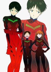  1boy 1girl black_hair blue_eyes bodysuit breasts commentary_request crossdressing crossdressing_(mtf) feet_out_of_frame hand_on_own_arm hands_on_own_hips highres ikari_shinji long_hair mecha_pilot_suit neon_genesis_evangelion open_mouth orange_hair outline plugsuit_(evangelion) popo92_z red_bodysuit short_hair shy simple_background souryuu_asuka_langley standing white_background white_outline zoom_layer 
