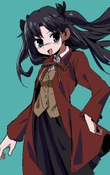  1girl black_hair black_skirt blue_eyes brown_vest fate/stay_night fate_(series) hair_ribbon homurabara_academy_school_uniform jacket long_hair moyosan open_mouth red_jacket ribbon school_uniform simple_background skirt solo tohsaka_rin two_side_up vest 