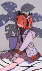  1girl a.i._voice adachi_rei android audio_jack cable grey_skirt highres jacket joints long_sleeves looking_at_viewer medium_hair miniskirt on_floor open_clothes open_jacket orange_eyes orange_hair plant potted_plant robot_joints s1ho_(ukiy0u0) sitting skirt solo utau white_jacket 