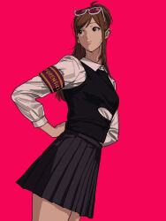  1girl ace_attorney adjusting_eyewear amikoiiko apollo_justice:_ace_attorney armband black_dress black_shirt brown_hair collared_shirt cropped_legs dress ema_skye from_side grey_eyes hair_behind_ear hair_bun hands_on_own_hips highres long_sleeves looking_back looking_to_the_side red_armband red_background shirt sleeves_rolled_up solo solo_focus sunglasses sweater_vest torn_clothes torn_shirt white_shirt 