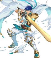  1boy armor blue_eyes blue_hair blue_headband cape clenched_teeth closed_mouth damaged feathers fingerless_gloves fire_emblem fire_emblem:_radiant_dawn fire_emblem_heroes gloves headband highres holding holding_sword holding_weapon ike_(fire_emblem) ike_(vanguard_legend)_(resplendent)_(fire_emblem) kuroba.k looking_at_viewer male_focus muscular muscular_male non-web_source official_alternate_costume pants popped_collar ragnell scarf solo sword teeth torn_cape torn_clothes v-shaped_eyebrows weapon white_cape white_gloves white_pants white_scarf 