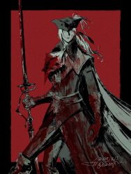  1girl ascot black_border black_coat black_hat blood blood_in_hair blood_on_clothes blood_on_face bloodborne border cape coat dated elbow_gloves expressionless fune_(nkjrs12) gloves hat highres holding holding_sword holding_weapon lady_maria_of_the_astral_clocktower looking_up outside_border red_background signature simple_background solo standing sword tricorne weapon white_ascot white_cape 