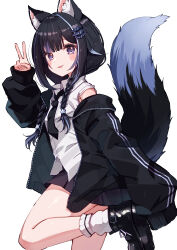 1girl absurdres animal_ears black_hair black_jacket black_necktie black_shoes black_skirt blue_streaks blush braid cat_ears cat_girl cat_tail collared_shirt commentary cowboy_shot cream_(nipakupa) highres indie_virtual_youtuber jacket leg_up long_hair long_sleeves looking_at_viewer loose_socks low_twin_braids miniskirt multicolored_hair necktie open_clothes open_jacket open_mouth pleated_skirt shirt shoes single_off_shoulder single_sleeve_past_fingers skirt sleeveless sleeveless_shirt sleeves_past_wrists smile socks solo streaked_hair tail twin_braids v violet_eyes virtual_youtuber white_shirt white_socks yoru_sinoa 