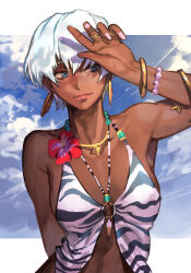  1girl animal_print bikini bracelet covering_own_face dark-skinned_female dark_skin earrings elena_(street_fighter) hankuri hoop_earrings jewelry looking_to_the_side multiple_bracelets multiple_rings ring short_hair solo street_fighter street_fighter_6 sunlight swimsuit upper_body white_hair zebra_print 