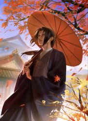  1boy curtained_hair falling_leaves highres holding holding_umbrella japanese_clothes leaf lips long_hair male_focus naruto_(series) nose oil-paper_umbrella orange_umbrella outdoors sky solo standing teeth tinh_daubuoi uchiha_itachi umbrella umbrella_over_shoulder 