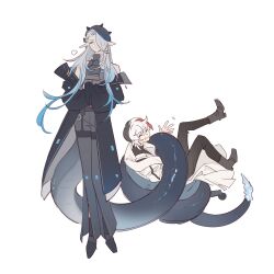  1boy 1girl arknights black_coat black_hair black_hat black_pants blue_hair chinese_commentary closed_eyes coat commentary_request elysium_(arknights) feather_hair gradient_hair grey_hair grey_shirt hair_over_one_eye hat high-waist_pants highres holding holding_with_tail kaleka long_hair mantra_(arknights) multicolored_hair off_shoulder old old_woman open_mouth pants pointy_ears prehensile_tail red_hair shirt simple_background sleeveless sleeveless_shirt smile snake_girl snake_tail streaked_hair tail tail_wrap very_long_hair visible_air white_background white_coat white_hair 