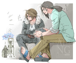  >_< 2boys 80850love_fu :d aqua_shirt belt black_boots black_gloves black_jacket black_pants blue_sandals boots border bracelet brown_belt brown_hair brown_pants collared_shirt commentary controller earrings father_and_son final_fantasy final_fantasy_viii full_body fur-trimmed_jacket fur_trim furrowed_brow game_controller gloves grey_background hair_between_eyes hair_tie highres holding holding_controller holding_game_controller jacket jewelry laguna_loire long_hair low_ponytail male_focus mature_male multiple_belts multiple_boys multiple_views necklace pants parted_bangs parted_lips ponytail pullup_bar pullups sandals scar scar_on_face scar_on_forehead shirt short_hair silver_necklace single_earring sitting sleeves_rolled_up smile squall_leonhart sweatdrop sweaty_foot thigh_belt thigh_strap twitter_username untranslatable_commentary white_border white_shirt xd 