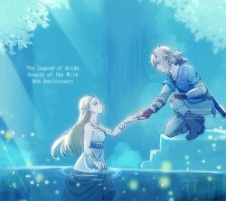  1boy 1girl anniversary bare_shoulders blonde_hair blue_tunic boots breasts brown_boots brown_gloves commentary_request copyright_name dress earrings fingerless_gloves gloves gold_necklace grey_pants hair_between_eyes hair_tie holding_hands jewelry kaidou_mitsuki light_smile link long_dress long_hair low_ponytail medium_breasts medium_hair necklace on_one_knee pants parted_bangs partially_submerged peeking_out pointy_ears ponytail princess_zelda sidelocks strapless strapless_dress sword sword_on_back the_legend_of_zelda the_legend_of_zelda:_breath_of_the_wild tunic weapon weapon_on_back white_dress 