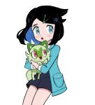  1girl :o black_hair black_shorts blush_stickers chirosamu coat commentary_request green_coat green_eyes hair_ornament hairclip holding holding_pokemon korean_commentary liko_(pokemon) open_clothes open_coat open_mouth pokemon pokemon_(anime) pokemon_(creature) pokemon_horizons shiny_skin shorts sideways_glance simple_background sprigatito white_background 