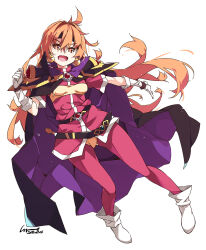  1girl ahoge ankle_boots armor bandeau belt black_belt black_cape black_headband boots cape commentary commission dated earrings gem gloves headband highres jacket jewelry leotard light_blush lina_inverse long_hair open_mouth orange_hair pants purple_cape red_eyes red_jacket red_pants shikei shoulder_armor signature skeb_commission slayers smile solo two-sided_cape two-sided_fabric white_background white_boots white_gloves yellow_bandeau yellow_leotard 