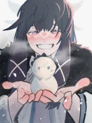  1girl black_hair blush character_snowman coat columbina_(genshin_impact) commentary_request eye_mask fangs fatui_coat fur-trimmed_coat fur-trimmed_hood fur_hood fur_trim genshin_impact grin hair_between_eyes hair_flaps hair_ornament hair_ribbon hand_blush head_wings highres holding_snowman hood long_hair looking_at_viewer mask multicolored_hair multiple_wings presenting purple_hair purple_streaks qmn12987411 ribbon sandrone_(genshin_impact) see-through_clothes see-through_mask smile snow snowman solo streaked_hair two-tone_hair unusually_open_eyes upper_body very_long_hair violet_eyes white_coat white_mask white_wings wing_hair_ornament wings winter_clothes winter_coat x-shaped_eyewear 