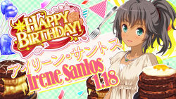  1girl bad_id balloon bilingual_text black_hair breasts bush character_name collarbone confetti dark-skinned_female dark_skin dress english_text flower fork fried_egg game_cg gem green_eyes green_gem hamburger_steak happy_birthday heart_balloon high_ponytail idol_wars irene_santos jewelry looking_at_viewer medium_breasts medium_hair mixed-language_text necklace official_art open_mouth orange_flower orange_rose plaid_background ponytail rose second-party_source smile solo star_(symbol) string_of_flags upper_body yellow_dress 
