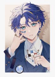  10_io 1boy astel_leda blonde_hair blonde_streaks blue_hair blue_jacket blue_nails blue_vest border brown_background collar_pin collared_jacket collared_shirt commentary cosmetics green_eyes head_tilt highres holding_makeup_palette holostars jacket jewelry lapels makeup_palette male_focus multicolored_hair multiple_rings nail_polish outside_border parted_bangs peaked_lapels portrait ring shadow shirt short_hair solo streaked_hair vest virtual_youtuber waistcoat white_border white_shirt 