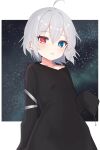 1girl :3 ahoge arm_strap black_cloak blue_eyes blush border bright_pupils chain cloak dot_nose english_commentary fang fang_out flat_chest grey_hair hair_between_eyes heterochromia highres indie_virtual_youtuber liman_art looking_at_viewer mismatched_pupils nisha_nixyeva outside_border red_eyes short_hair sky sleeves_past_fingers sleeves_past_wrists star-shaped_pupils star_(sky) star_(symbol) starry_background starry_sky symbol-shaped_pupils virtual_youtuber white_border white_pupils