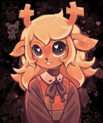  1girl antlers artist_name black_background blonde_hair deer_girl deltarune furry furry_female heart horns linterteatime littlest_pet_shop neck_ribbon noelle_holiday reindeer_antlers ribbon solo solo_focus utdr_(toby_fox) 