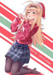  1girl =_= absurdres annoyed antenna_hair black_pantyhose blonde_hair casual chaos;head christmas commentary_request gher5 hat heart heart_hands highres kneeling long_hair merry_christmas miniskirt nishijou_nanami no_shoes pantyhose plaid_clothes plaid_skirt pout puckered_lips red_sweater santa_hat science_adventure skirt smile solo sweater 