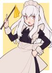  1girl alternate_costume apron black_dress blush border do_m_kaeru dress duster enmaided fire_emblem fire_emblem:_three_houses hand_on_own_hip holding holding_duster long_hair long_sleeves looking_at_viewer lysithea_von_ordelia maid maid_headdress open_mouth outside_border pink_eyes simple_background solo waist_apron white_apron white_border white_hair yellow_background 