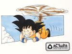  1boy a24wks black_hair closed_eyes clouds commentary_request dougi dragon_ball dragon_ball_(classic) flying full_body grin highres male_focus marker_(medium) monkey_tail official_style smile solo son_goku spinning tail toriyama_akira_(style) traditional_media wristband 