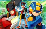  6+boys backpack bag bandana brown_eyes brown_hair capcom clenched_hand colonel.exe_(mega_man) cover frown full_body green_eyes helmet knight knightman.exe lan_hikari_(mega_man) long_sleeves looking_at_viewer male_focus mega_man_(series) mega_man_battle_network mega_man_battle_network_5 megaman.exe multiple_boys ninja numberman.exe official_art shadowman.exe short_hair shorts smile sword textless_version toadman.exe tomahawkman.exe video_game_cover weapon 