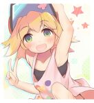  1girl amitie_(puyopuyo) blonde_hair blush green_eyes looking_at_viewer open_mouth puyopuyo puyopuyo_quest short_hair sia_graph solo star_(symbol) swimsuit v 