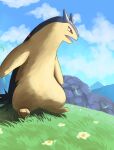  absurdres clouds commentary_request day falling_leaves fangs flower grass highres jira_(ziraiya26) leaf looking_down no_humans open_mouth orange_eyes outdoors pokemon pokemon_(creature) sky solo standing tongue typhlosion 