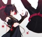  1girl 3o_c :d ahoge bare_shoulders black_dress black_gloves bob_cut claw_(weapon) dress gloves grey_background grin hair_ornament honkai_(series) honkai_impact_3rd looking_at_viewer red_eyes redhead seele_(alter_ego) seele_vollerei seele_vollerei_(stygian_nymph) short_hair smile solo teeth upper_body weapon 