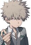  1boy absurdres bakugou_katsuki boku_no_hero_academia closed_mouth collared_shirt grey_hair highres jacket kojirou_(kojirou_sousaku) long_sleeves looking_at_viewer male_focus red_eyes school_uniform shirt solo spiky_hair u.a._school_uniform unbuttoned unbuttoned_shirt upper_body white_shirt 