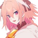  1boy :d astolfo_(fate) fang fate/grand_order fate_(series) hair_between_eyes hair_ribbon highres koyashaka looking_at_viewer male_focus multicolored_hair open_mouth otoko_no_ko ribbon simple_background skin_fang smile solo streaked_hair upper_body violet_eyes white_background 