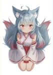  1girl absurdres ahoge animal_ear_fluff animal_ears detached_sleeves fox_ears fox_girl fox_tail gradient_hair grey_hair hakama hakama_skirt highres indie_virtual_youtuber japanese_clothes long_hair looking_at_viewer miniskirt multicolored_hair multiple_tails nontraditional_miko onyankopon_(vtuber) red_eyes red_hakama red_skirt redhead shirt simple_background sitting skirt smile solo tail tamano_umika thighs virtual_youtuber white_background white_shirt white_sleeves 